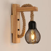 Wooden Wall Light with Hemp Rope, Industrial Wall Sconce Light Indoor, Metal Black Wall Lamp with E27 Socket for Living Room, Bedroom, Hallway, Corridor, Cafe Bar