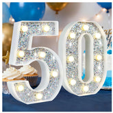 Silver Glitter Light up Numbers,8.86 Inch Marquee Number Lights for Baby Shower Birthday Wedding Anniversary Party Home Wall Decorations, Lighted Numbers as Gift for Girls Daughter, Number 50