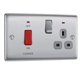 BG Electrical Cooker Switch with Socket and LED, Cooker Control Unit, Control Socket, Double Pole, Raised Profile, Round Edges, Nexus Metal, Brushed Steel, Grey Inserts, 45A, NBS70G