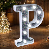 Letter P Style LED Marquee Lamp, Silver Glitter Light Up Letter Sign, Battery Powered Tabletop Decorative Marquee Light with On/Off Switch for Wedding, Birthday, Party and Home Decor