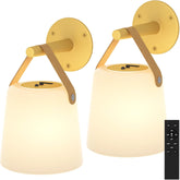 Rechargeable Wall Sconce - Plastic Frosted Lampshade - 3 Color Temp & 5 Brightness - Remote Control - 5000 mAh Battery Operated - Cordless Wall Lamp for Camper, RV - Set of 2 (Gold)
