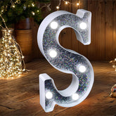 Letter S Style LED Marquee Lamp, Silver Glitter Light Up Letter Sign, Battery Powered Tabletop Decorative Marquee Light with On/Off Switch for Wedding, Birthday, Party and Home Decor