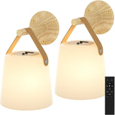Rechargeable Wall Sconce - Plastic Frosted Lampshade - 3 Color Temp & 5 Brightness - Remote Control - 5000 mAh Battery Operated - Cordless Wall Lamp for Camper, RV - Set of 2 (Wood Color)