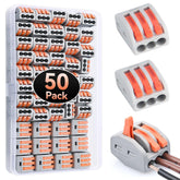 50pcs Wire Connectors, Preciva Electrical ConnectorBlocks, 3-Way Compact Cable Lever Nut Assortment Conductor, Terminal Block Quick Spring Connector with Clamp 3-Port
