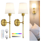 Rechargeable Wireless Wall Sconce Lights Set of 2 Vintage Fabric Shade Gold