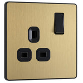 Single Switched Power Plug Socket Satin Brass 13A