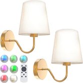Battery Operated Wall Lights Set of 2, RGB Dimmable Rechargeable Wall Lights Indoor Wireless Wall Sconces Set of 2 for Bedrooms Cordless Sconce Wall Lamp Remote Control