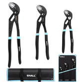 SHALL 3-Piece Groove Joint Pliers Set (12, 9-1/2, 7 Inch), Push-Lock Water Pump Pliers in Cr-v Steel, Fast Adjustable Tongue and Groove Pliers with Tool Roll Bag for Home Repair & Plumbing