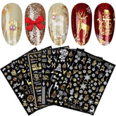 9 Sheets Christmas Nail Art Stickers Gold & White – Self-Adhesive Reindeer