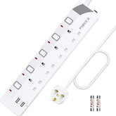 Extension Lead with 4 Way Plug Sockets, Wall Mountable Extension Socket with Individual Switches and 2 USB Charging Ports, 13A 3250W, 2M Extension Cord