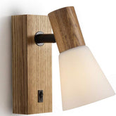 Vintage Wooden Wall Light with Switch, White Glass Lampshade, Rotatable, Industrial Design Bedside Lamp, Living Room, Stairs, Corridor, E14