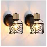 Industrial Wooden Wall Light 2PCS Adjustable Metal Cage Sconces