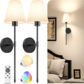 5200mAh Battery Operated Wireless Wall Lights Set of 2, 60CM Rechargeable Wall Lights with Dimmable Detachable Bulbs and Remote, 12-Color Wall Sconce Lighs for Bedroom Living Room Black