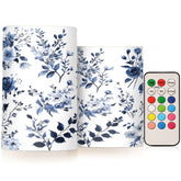 Flickering Flameless LED Candles with Blue & White Porcelain Flower Design, Remote Control & Timer, Set of 2 Battery Operated Candles