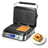 Smart Waffle Maker 1600W – Digital Display, 7 Browning Levels, 5 Presets, Non-Stick, Family Size, Timer & Alerts – Silver