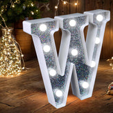 Letter W Style LED Marquee Lamp, Silver Glitter Light Up Letter Sign, Battery Powered Tabletop Decorative Marquee Light with On/Off Switch for Wedding, Birthday, Party and Home Decor