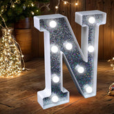 Letter N Style LED Marquee Lamp, Silver Glitter Light Up Letter Sign, Battery Powered Tabletop Decorative Marquee Light with On/Off Switch for Wedding, Birthday, Party and Home Decor