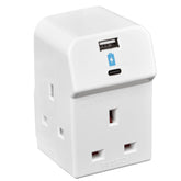 Three Socket Fused Wall Plug Adaptor with USB A & C Ports