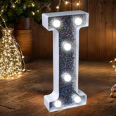 Letter I Style LED Marquee Lamp, Silver Glitter Light Up Letter Sign, Battery Powered Tabletop Decorative Marquee Light with On/Off Switch for Wedding, Birthday, Party and Home Decor