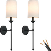 Hardwired Wall Light Set of 2 Vintage Black Candlestick Wall Sconces with Fabric Shade, Vintage Farmhouse Lighting for Bathroom Living Room Bedroom Dining Hallway