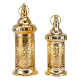 Metal Ramadan Lanterns Set of 2 – Gold Vintage LED Candle Lanterns with Timer for Indoor & Outdoor Eid Decor