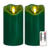 Green Flameless Pillar Candles Set of 2, 6×3 Inch Real Wax LED Candles with Remote, Timer & Dimmable Flickering Light