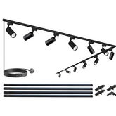 Black outdoor lighting fixture system with lights, cables, and brackets on a white background