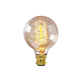 Vintage-style light bulb with visible filament on a white background