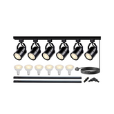 Set of black track lights with additional bulbs and accessories on a white background