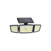 Solar-powered outdoor light fixture with three LED panels on a white background
