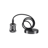 Black metal lamp holder with flexible cable on a white background