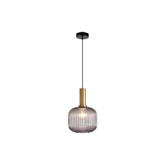 Modern pendant light with glass shade and gold accents on a white background