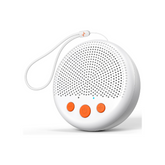 White portable speaker with orange buttons on a white background