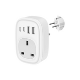 White travel adapter with multiple ports on a white background