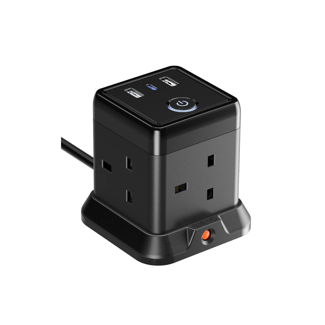 Black power adapter with multiple outlets and USB ports on a white background
