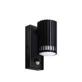 Black outdoor wall light fixture with motion sensor on a white background