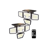 Solar-powered outdoor lights with a remote control on a white background