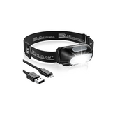 Black LED headlight with USB cable on a white background