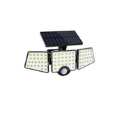 Solar-powered outdoor light fixture with three LED panels on a white background