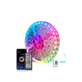 RGB LED strip light with smartphone app and remote control on a white background