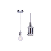 Chrome pendant light fixture with a bulb on a white background