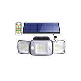 Solar-powered outdoor light system with solar panel and remote control on a white background