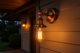 Vintage-style outdoor wall light fixture on a wooden house exterior.