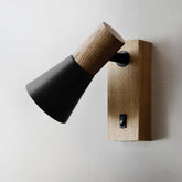 Wall-mounted lamp with wooden base and black shade on a light gray background