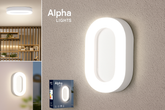 Wall-mounted light fixture with 'Alpha Lights' branding on a textured wall.