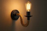 Wall-mounted light fixture with a glowing bulb and coiled rope on a warm-toned background