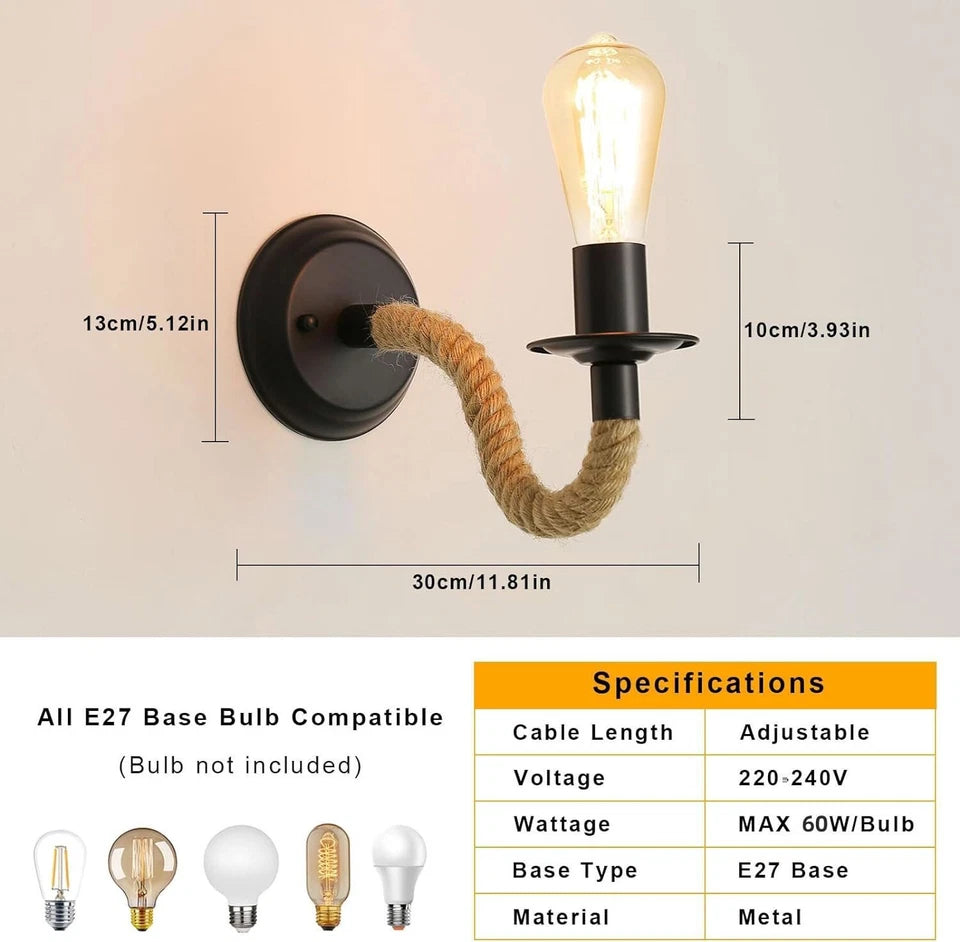 Wall-mounted light fixture with jute cable, dimensions, and specifications displayed.
