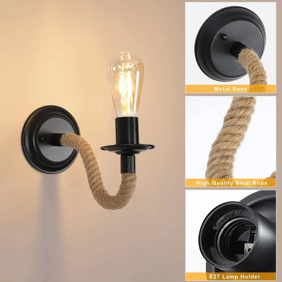 Wall-mounted light fixture with rope design and close-up details on a beige background