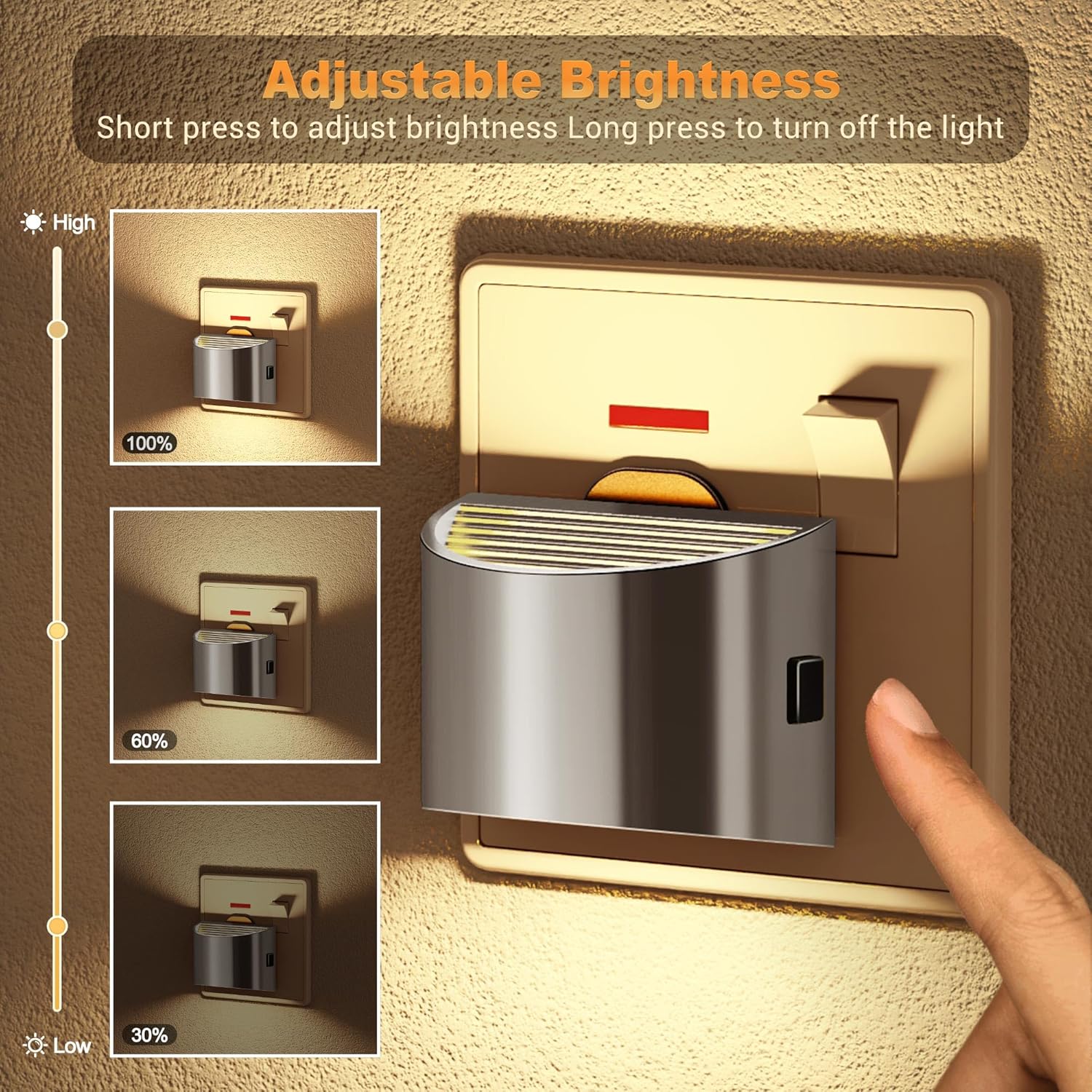 Wall-mounted light switch with adjustable brightness feature, showing hand pressing the switch.