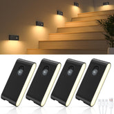 Wall-mounted outdoor lights on a staircase with four black LED wall lights below.